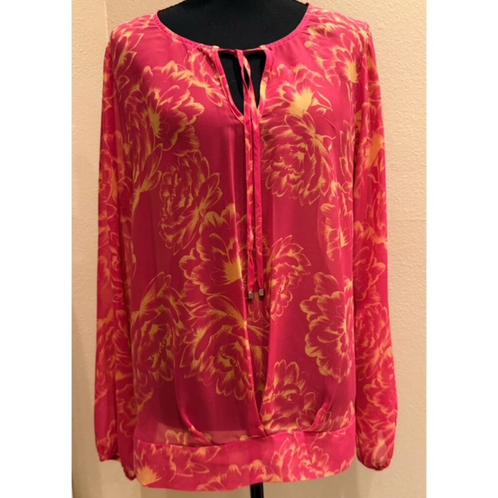 Next UK Floral Blouse UK 14 (US 10) Pink Gold Long Sleeve Sheer Top